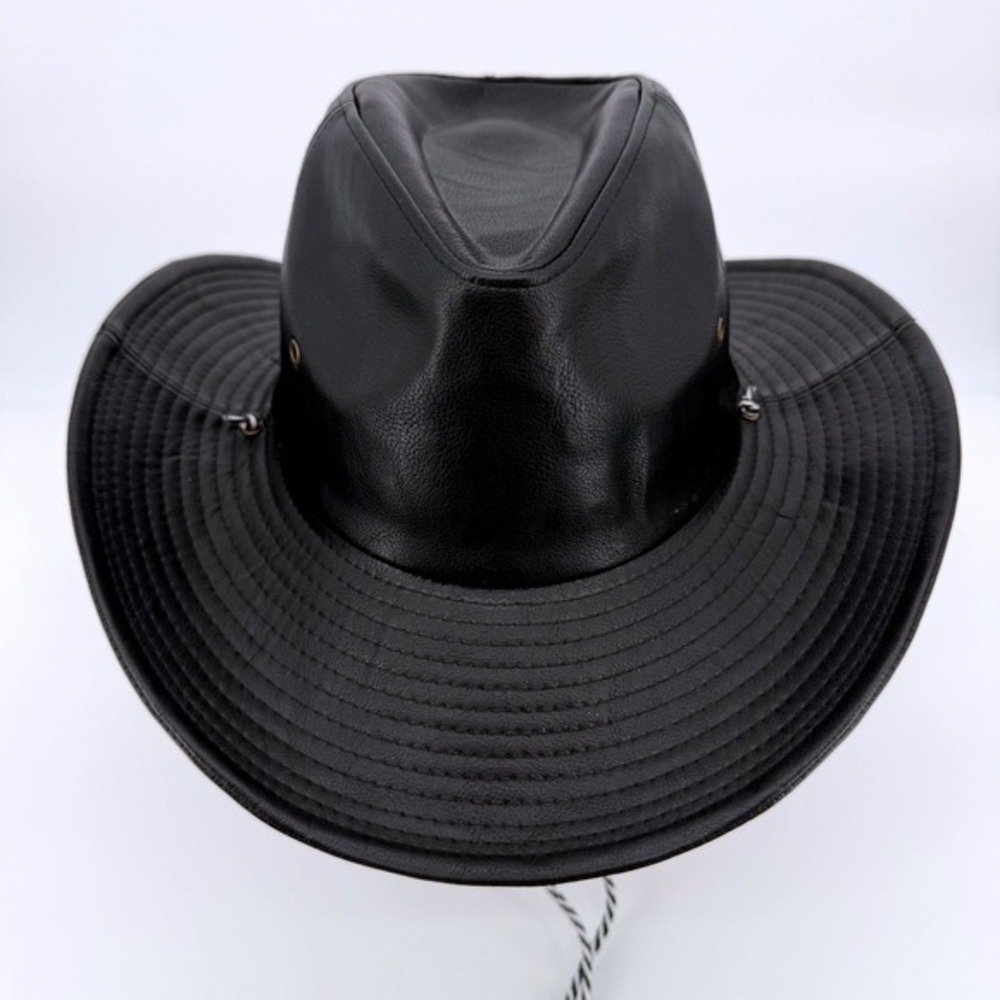 Bear Outback Hat Mens OSFM Black Faux Leather Western Chin Strap Wide Brim Hat